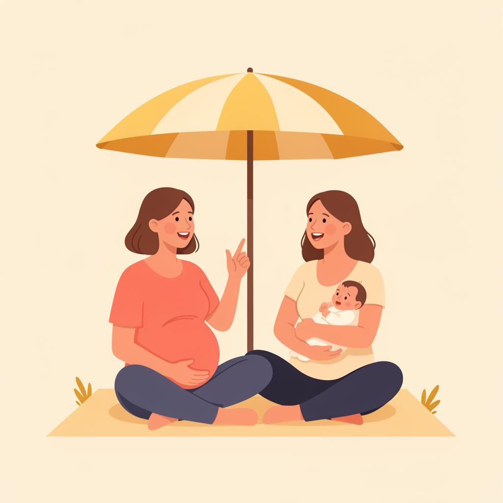 Two mothers talking under a sun umbrella — one pregnant, one with her newborn